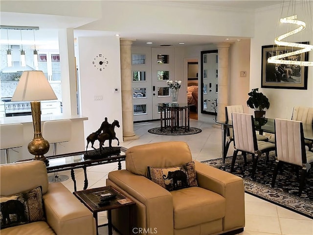 6 Whittier Ct, Rancho Mirage, CA 92270 - living area with light tile patterned flooring, crown molding, and ornate columns