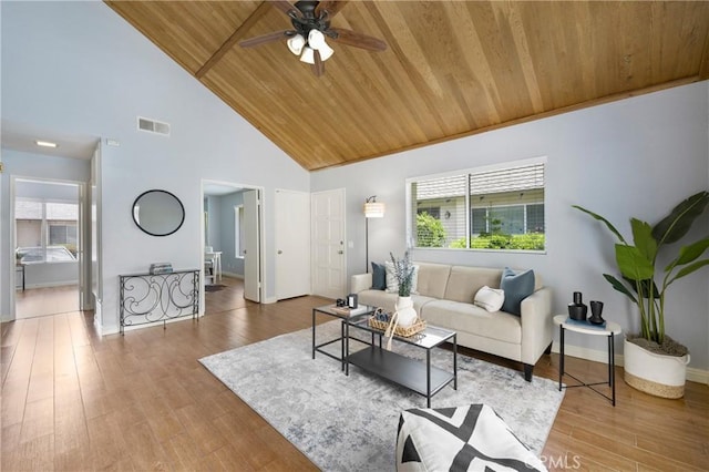 22986 Caminito Regalo Unit 92, Laguna Hills, CA 92653 - living area with wood ceiling, a ceiling fan, high vaulted ceiling, wood finished floors, and baseboards