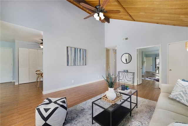 22986 Caminito Regalo Unit 92, Laguna Hills, CA 92653 - living room featuring ceiling fan, wood finished floors, high vaulted ceiling, wooden ceiling, and baseboards