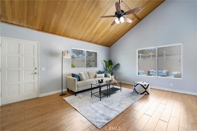 22986 Caminito Regalo Unit 92, Laguna Hills, CA 92653 - living room with wood ceiling, baseboards, wood finished floors, a ceiling fan, and high vaulted ceiling