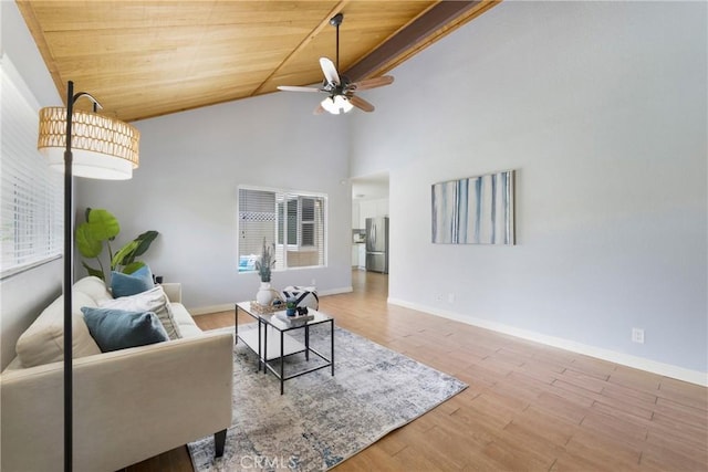 22986 Caminito Regalo Unit 92, Laguna Hills, CA 92653 - living area featuring a ceiling fan, wood ceiling, baseboards, wood finished floors, and high vaulted ceiling