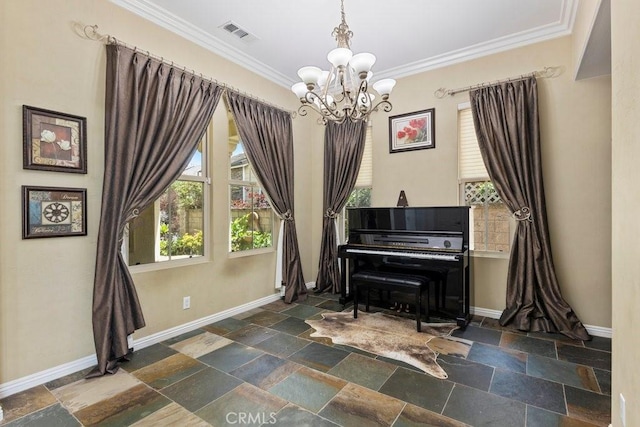 4067 Hoosier Lawn Way, Yorba Linda, CA 92886 - living area featuring a chandelier, stone tile floors, baseboards, ornamental molding, and plenty of natural light