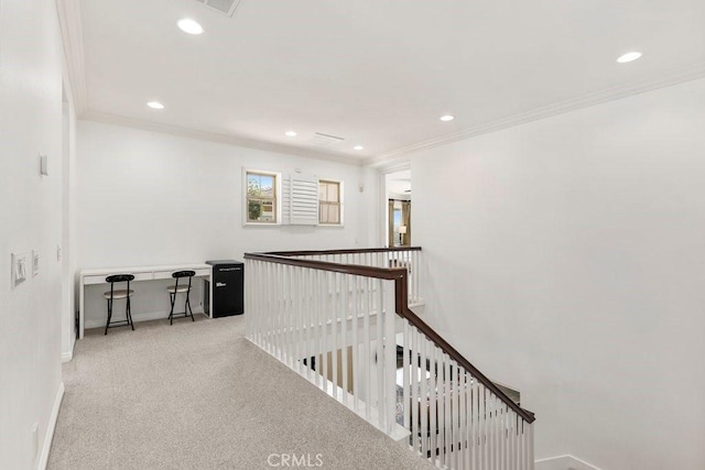 4067 Hoosier Lawn Way, Yorba Linda, CA 92886 - hallway featuring an upstairs landing, ornamental molding, recessed lighting, baseboards, and carpet