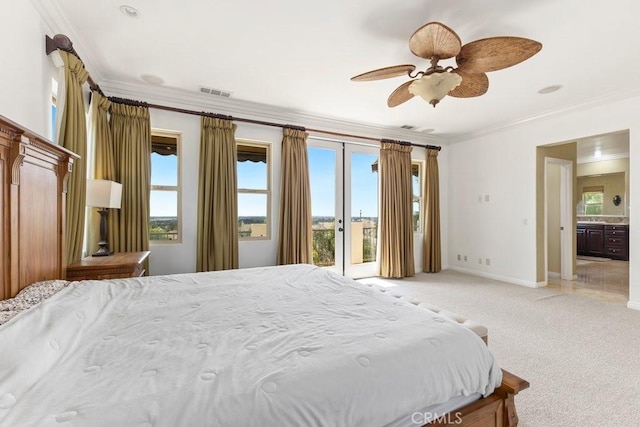 4067 Hoosier Lawn Way, Yorba Linda, CA 92886 - bedroom featuring ornamental molding, light carpet, access to outside, baseboards, and a ceiling fan