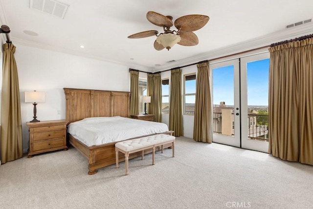 4067 Hoosier Lawn Way, Yorba Linda, CA 92886 - bedroom featuring access to outside, crown molding, light colored carpet, french doors, and ceiling fan