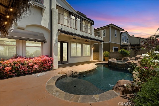 4067 Hoosier Lawn Way, Yorba Linda, CA 92886 - rear view of property featuring a balcony, french doors, fence, ceiling fan, and stucco siding