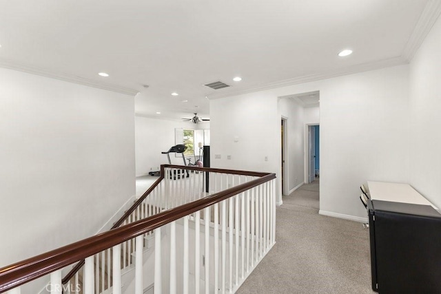 4067 Hoosier Lawn Way, Yorba Linda, CA 92886 - hallway with an upstairs landing, recessed lighting, ornamental molding, baseboards, and light carpet