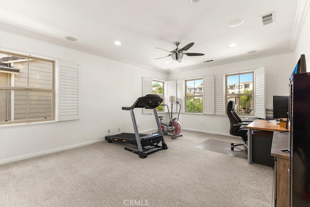 4067 Hoosier Lawn Way, Yorba Linda, CA 92886 - exercise room with ceiling fan, ornamental molding, carpet floors, baseboards, and recessed lighting