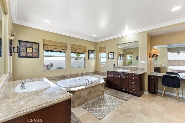 4067 Hoosier Lawn Way, Yorba Linda, CA 92886 - full bathroom with a garden tub, two vanities, crown molding, recessed lighting, and tile patterned flooring