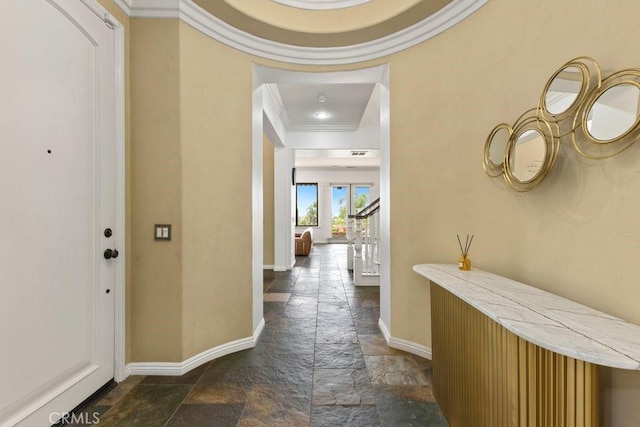 4067 Hoosier Lawn Way, Yorba Linda, CA 92886 - hall with stone tile floors, ornamental molding, and baseboards