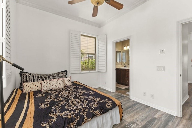 4067 Hoosier Lawn Way, Yorba Linda, CA 92886 - bedroom featuring wood finished floors, a sink, crown molding, baseboards, and connected bathroom