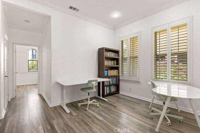 4067 Hoosier Lawn Way, Yorba Linda, CA 92886 - office area featuring baseboards, wood finished floors, and crown molding