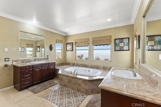 4067 Hoosier Lawn Way, Yorba Linda, CA 92886 - full bathroom with two vanities, a bath, tile patterned floors, recessed lighting, and crown molding