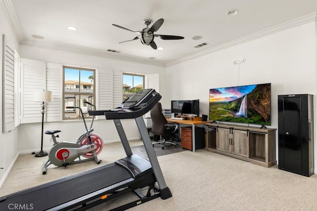 4067 Hoosier Lawn Way, Yorba Linda, CA 92886 - workout room with ceiling fan, crown molding, light carpet, baseboards, and recessed lighting