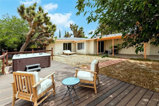 57966 El Dorado Dr, Yucca Valley, CA 92284 - wooden deck with a hot tub and fence