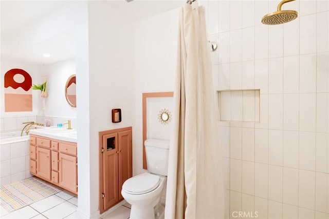 57966 El Dorado Dr, Yucca Valley, CA 92284 - full bath featuring toilet, tiled shower, tile patterned floors, tiled bath, and vanity