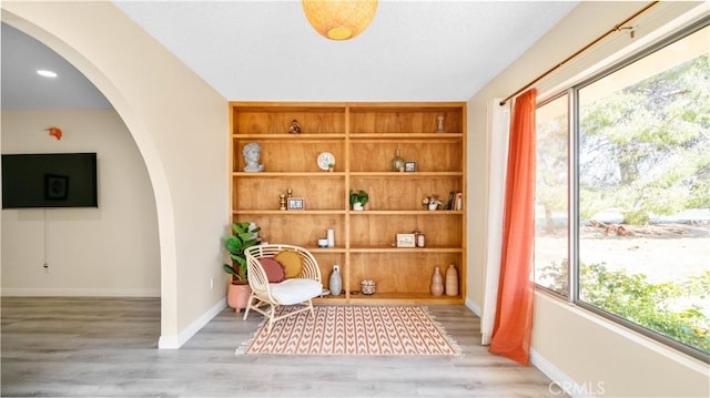 57966 El Dorado Dr, Yucca Valley, CA 92284 - living area featuring arched walkways, baseboards, and light wood-style flooring