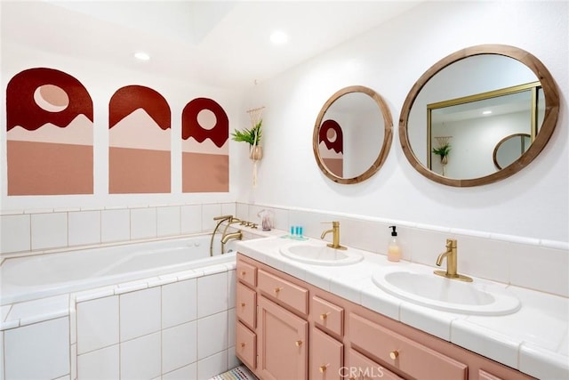57966 El Dorado Dr, Yucca Valley, CA 92284 - full bathroom featuring a garden tub, double vanity, and recessed lighting