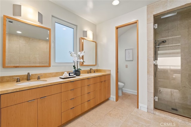 1554 E Oceanfront, Newport Beach, CA 92661 - bathroom featuring a stall shower, tile patterned floors, toilet, double vanity, and recessed lighting