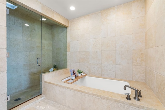 1554 E Oceanfront, Newport Beach, CA 92661 - bathroom featuring a stall shower, a bath, tile walls, and recessed lighting