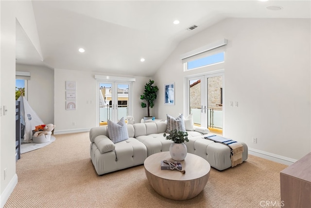 1554 E Oceanfront, Newport Beach, CA 92661 - living room featuring lofted ceiling, light carpet, plenty of natural light, baseboards, and recessed lighting