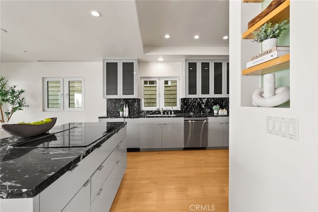 1554 E Oceanfront, Newport Beach, CA 92661 - kitchen featuring dishwasher, backsplash, recessed lighting, light wood finished floors, and black electric stovetop