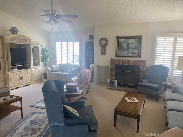 10815 Cherry Hls, Cherry Valley, CA 92223 - living area with carpet flooring, a textured ceiling, ceiling fan, a fireplace, and lofted ceiling