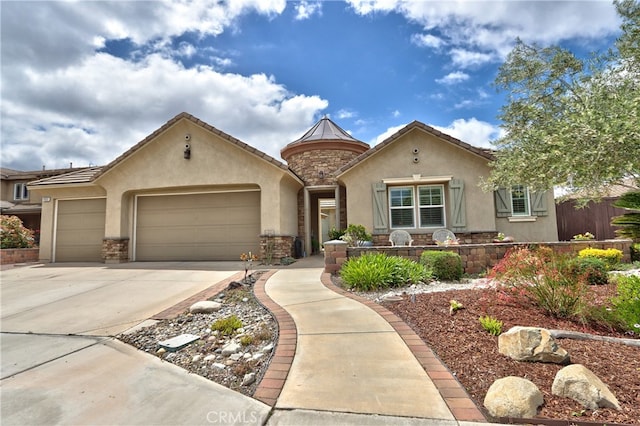 1931 James Gaynor St, Fallbrook, CA 92028 - mediterranean / spanish-style house featuring stucco siding, an attached garage, driveway, fence, and stone siding