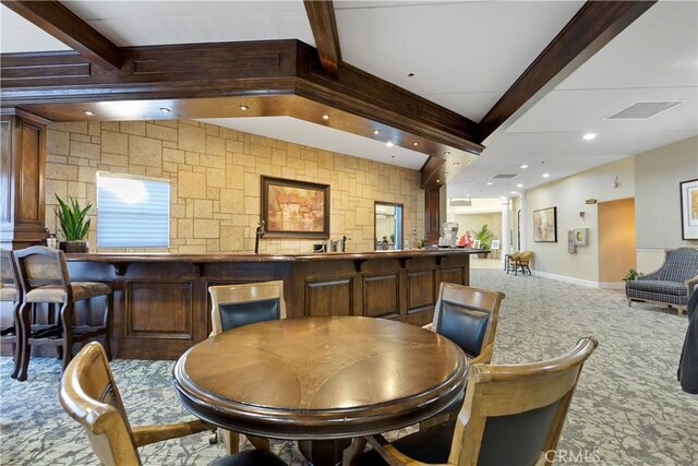 40686 Via Jalapa, Murrieta, CA 92562 - dining room with carpet flooring, beam ceiling, and baseboards