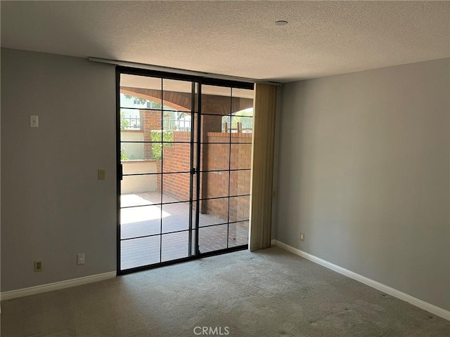 unfurnished room with a wall of windows, a textured ceiling, carpet flooring, and baseboards