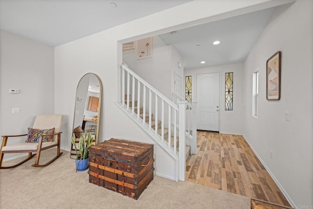 341 Dun Blazer Way, Fallbrook, CA 92028 - entryway with stairs, wood finished floors, arched walkways, baseboards, and recessed lighting