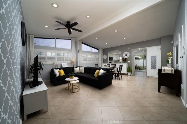 5158 Elderhall Ave, Lakewood, CA 90712 - living area featuring ceiling fan, light tile patterned floors, recessed lighting, and baseboards