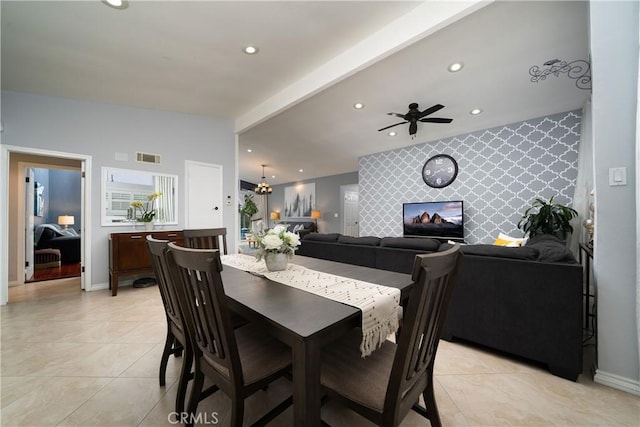 5158 Elderhall Ave, Lakewood, CA 90712 - dining space with an accent wall, recessed lighting, a ceiling fan, baseboards, and a chandelier