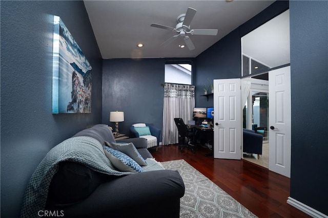 5158 Elderhall Ave, Lakewood, CA 90712 - living area featuring an office area, wood finished floors, a ceiling fan, vaulted ceiling, and a textured wall