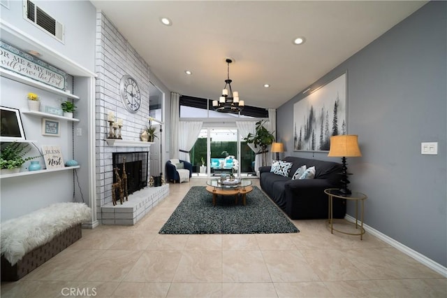 5158 Elderhall Ave, Lakewood, CA 90712 - living area featuring a chandelier, a fireplace, recessed lighting, tile patterned floors, and baseboards