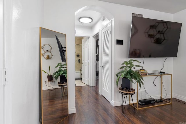 5510 Adelaide Ave Unit 1, San Diego, CA 92115 - hall featuring arched walkways, wood finished floors, and baseboards