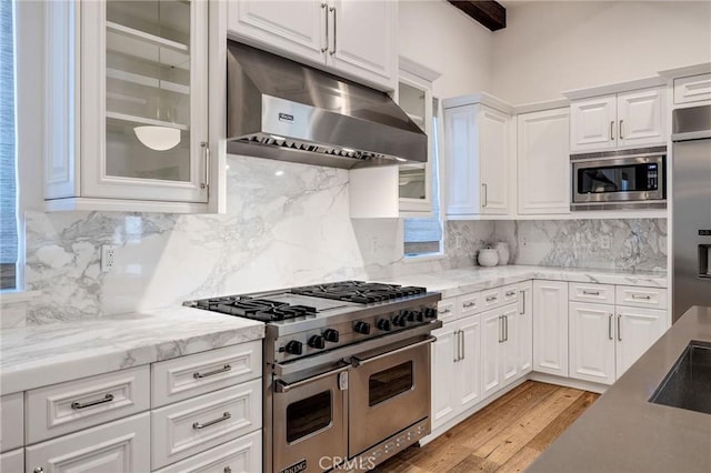 737 35th St, Manhattan Beach, CA 90266 - kitchen with built in appliances, under cabinet range hood, white cabinets, light wood-type flooring, and glass insert cabinets