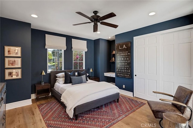 737 35th St, Manhattan Beach, CA 90266 - bedroom with light wood-type flooring, baseboards, recessed lighting, ceiling fan, and a closet