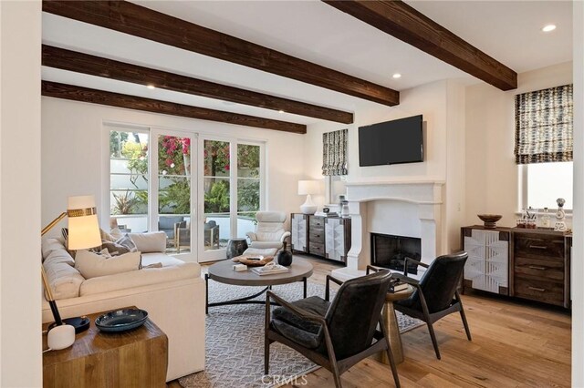737 35th St, Manhattan Beach, CA 90266 - living area featuring a fireplace, light wood-type flooring, beam ceiling, and recessed lighting