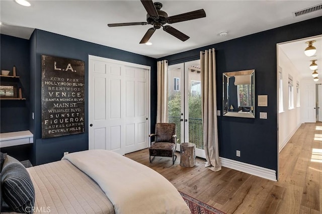 737 35th St, Manhattan Beach, CA 90266 - bedroom featuring baseboards, wood finished floors, recessed lighting, french doors, and ceiling fan