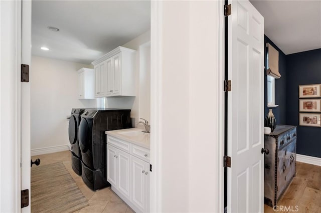737 35th St, Manhattan Beach, CA 90266 - clothes washing area featuring washing machine and clothes dryer, cabinet space, baseboards, and recessed lighting