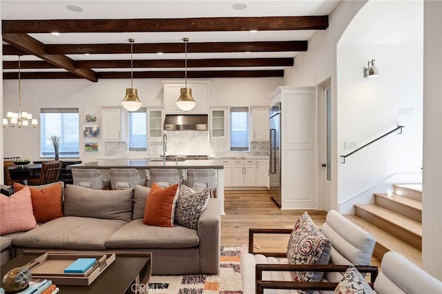 737 35th St, Manhattan Beach, CA 90266 - living area with light wood-style flooring, beam ceiling, a chandelier, stairway, and recessed lighting