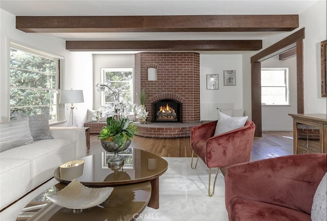 515 N Vista Bonita Ave, Glendora, CA 91741 - living area featuring beam ceiling, wood finished floors, a fireplace, and healthy amount of natural light