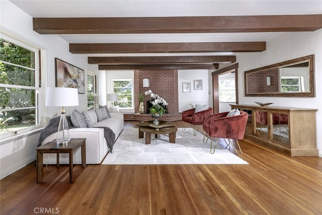 515 N Vista Bonita Ave, Glendora, CA 91741 - living room featuring wood finished floors, baseboards, healthy amount of natural light, and beam ceiling