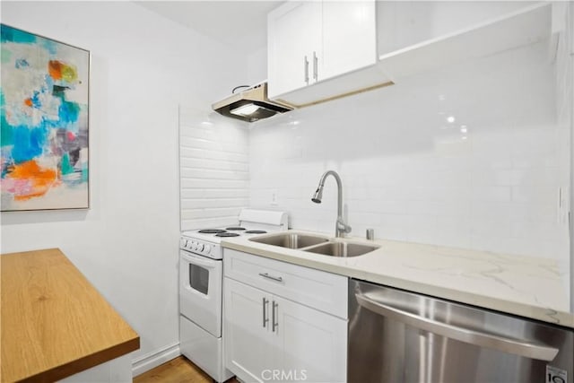 22100 Burbank Blvd Unit 150F, Woodland Hills, CA 91367 - kitchen with stainless steel dishwasher, a sink, electric stove, decorative backsplash, and under cabinet range hood