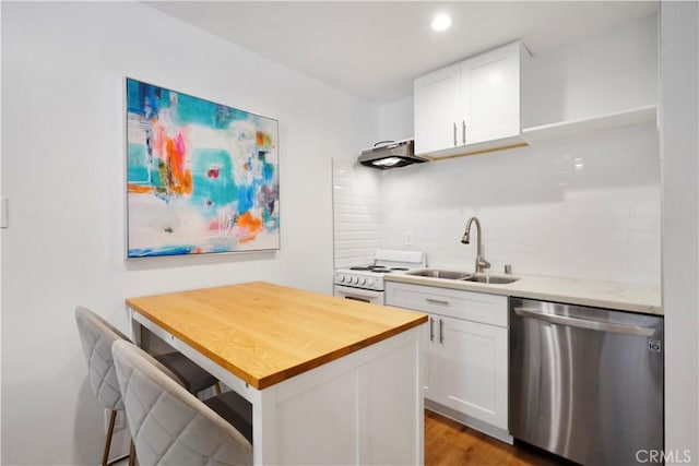 22100 Burbank Blvd Unit 150F, Woodland Hills, CA 91367 - kitchen featuring stainless steel dishwasher, a sink, white electric range oven, tasteful backsplash, and under cabinet range hood