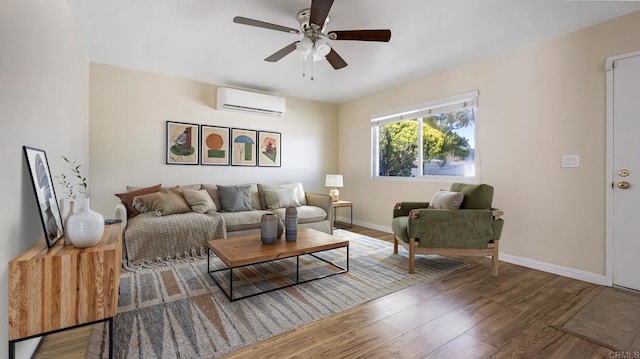 3317 Buena Hills Dr, Oceanside, CA 92056 - living area with a wall unit AC, wood finished floors, ceiling fan, and baseboards