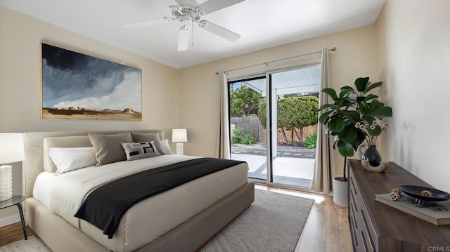 3317 Buena Hills Dr, Oceanside, CA 92056 - bedroom featuring access to exterior, light wood finished floors, and ceiling fan