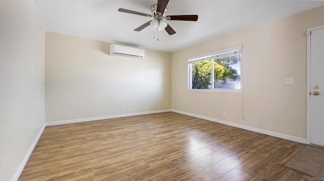 3317 Buena Hills Dr, Oceanside, CA 92056 - empty room featuring an AC wall unit, light wood-style floors, ceiling fan, and baseboards