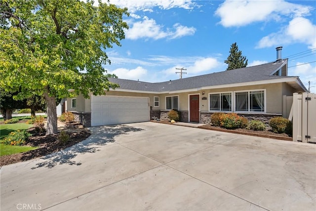 19853 Drasin Dr, Canyon Country, CA 91351 - ranch-style home featuring stone siding, driveway, stucco siding, and an attached garage